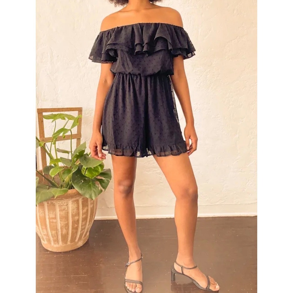 Lulus Frilled to Bits Black Swiss Dot Off-the-Shoulder Ruffle Romper Med NEW